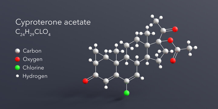 cyproterone acetate molecule 3d rendering, flat molecular structure with chemical formula and atoms color coding