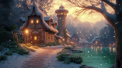 Fototapeta na wymiar Märchenhaftes Dorf im Winter an einem kleinen See.