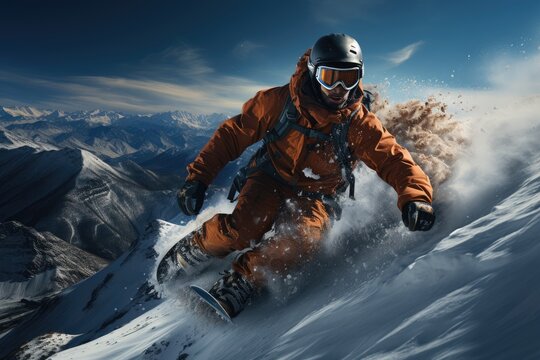 A daring man navigates through the snowy slopes, carving up the mountain with his snowboard while embracing the rush of adrenaline and the beauty of the glacial landscape