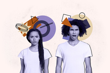 Photo collage creative picture young siblings man girl staying confused amazed dissatisfied what...