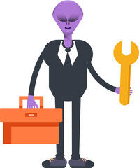 Alien Worker Character Holding Toolbox and Wrench
