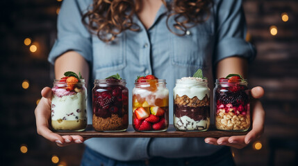 a variety of sweet desserts in glass jars in the hands of a woman - obrazy, fototapety, plakaty
