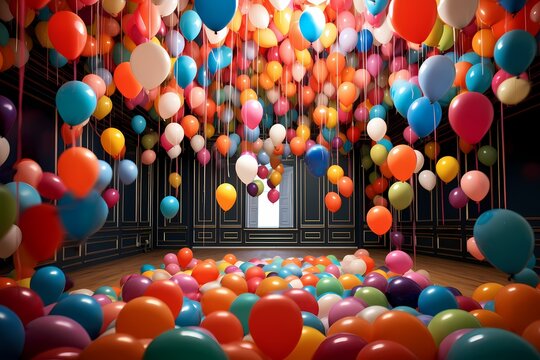 Colorful balloons filling a room, ready to be released in a burst of joy for a special birthday.