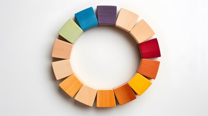 Colors in unity. Circle of colored blocks representing unity of diverse elements (colors). .Wooden blocks placed in a a circle on a neutral white background, with natural shadows