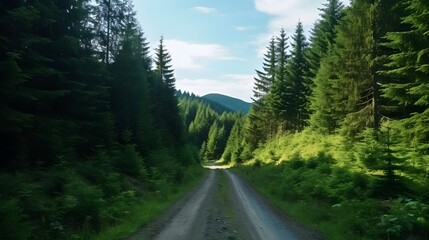 Fototapeta na wymiar Driving through a green forest in the mountains. HIgh altitude conifer forest. Dirt road trail. 