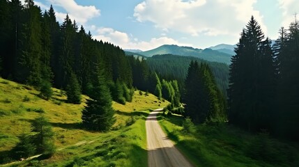 Driving through a green forest in the mountains. HIgh altitude conifer forest. Dirt road trail.
