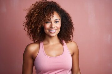 Portrait of a smiling young woman with curly hair against a pink background.