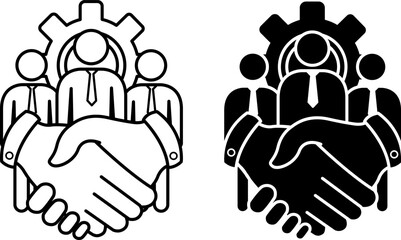 Cooperation icons. Business Agreement. Vector Gear, Business People, and Handshake. Business and Teamwork Concept