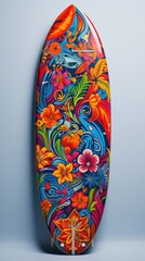 Painted flower decorations and a colorful surfboard stand against the grey wall background. Generative ai