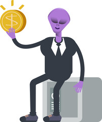 Alien Worker Character Sitting on Safe and Holding Idea bulb
