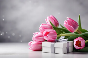 a white box with a gift and a bouquet of pink tulips on a gray background, a postcard, a place for text, International Women's Day 