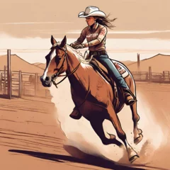 Schilderijen op glas cowgirl riding horse at sunset © Gwis