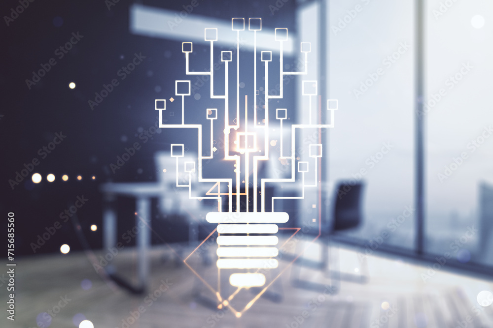 Poster Creative idea concept with light bulb and microcircuit illustration and modern desktop with computer on background. Neural networks and machine learning concept. Multiexposure