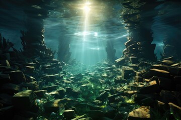 Fototapeta na wymiar Nature's hidden oasis lies beneath the ocean's surface, a vibrant reef surrounded by tranquil waters and teeming with life in an underwater aquarium