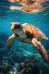 Sea turtle swimming in under ocean. Generative ai