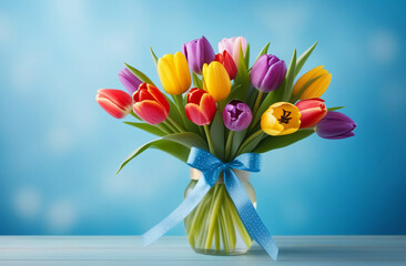 a spring bouquet of colorful tulips on a blue background with a place for text - obrazy, fototapety, plakaty