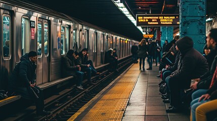 People waiting for the train at subway station. Copy space for text. - obrazy, fototapety, plakaty