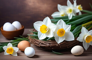 Easter card with natural eggs, a nest and spring flowers daffodils on a dark background, place for the text