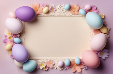 Naklejka na ściany i meble Easter greeting card with a place for text, mockup, with eggs and spring flowers, place for the text