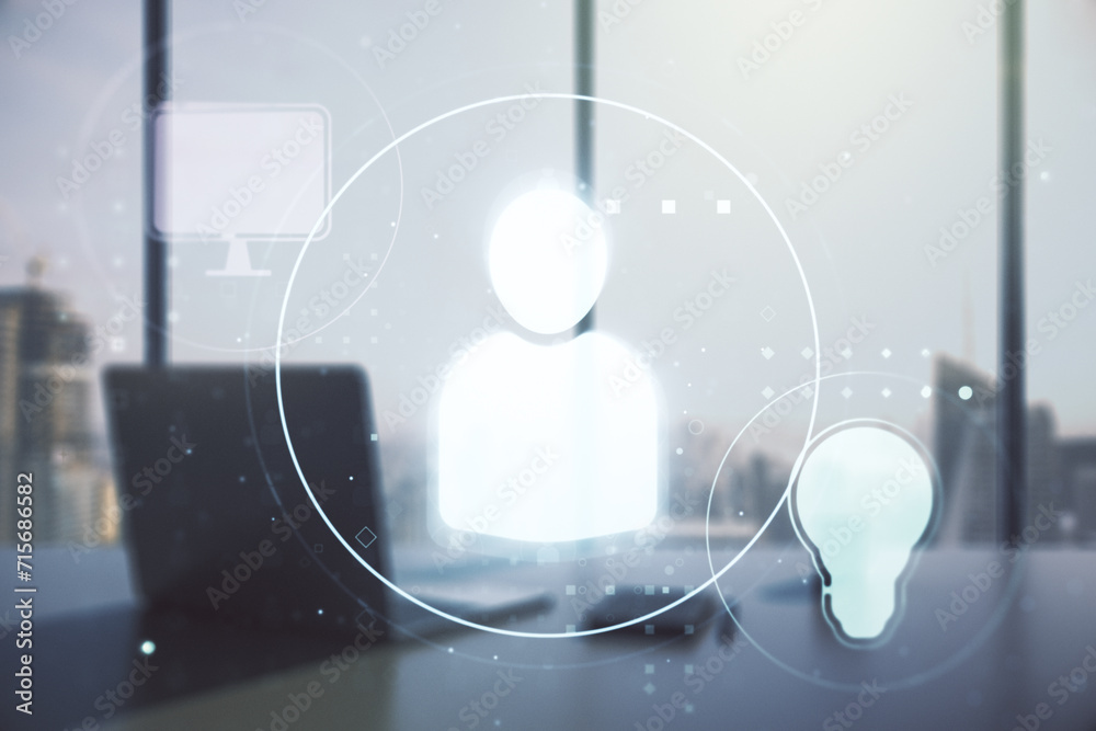 Aufkleber double exposure of social network icons concept and modern desktop with laptop on background. market