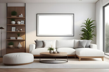 An empty poster frame in a cozy modern Scandinavian interior. Frame mockup.