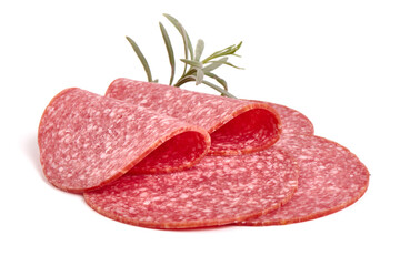 Salami sausage slices, isolated on white background. High resolution image.