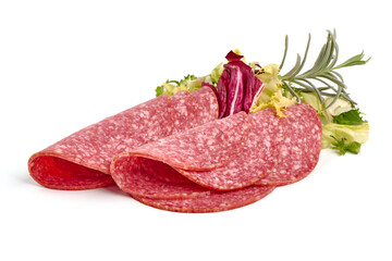 Smoked salami slices, isolated on white background.