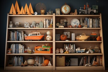 An eclectic mix of childhood memories, neatly organized on a bookcase that serves as both furniture and a wall of nostalgia