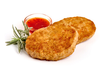 Fried pork cutlets in breadcrumbs, isolated on white background.