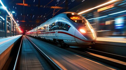 Fototapeta premium Modern train at high speed. Copy space for text.