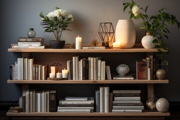 A cozy indoor scene featuring a beautifully styled bookshelf adorned with candles, vases, and a houseplant, creating the perfect ambiance for a relaxing evening of reading