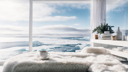 white woolen blanket lies on a soft, cozy chair in a white room with a panoramic window. Winter landscape.  modern, brightly lit living room. Icebergs Floating In A Glacial. 
