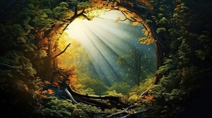 tree trunk with sunlight through forest
