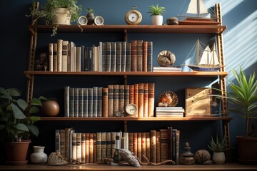 Fototapeta na wymiar A curated collection of literature and decor adorns the wooden bookshelf, bringing warmth and life to the cozy indoor space