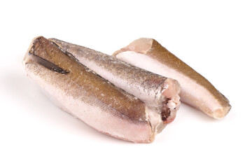Uncooked frozen carcasses of Argentine hake, isolated on white background.