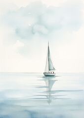 Gentle Watercolor Art of a Minimal Boat Floating on the Sea