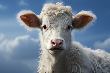 Obraz premium A majestic white dairy cow stands in a lush green field, her snout raised towards the sky as she gazes intently, captivatingly, and curiously at the viewer