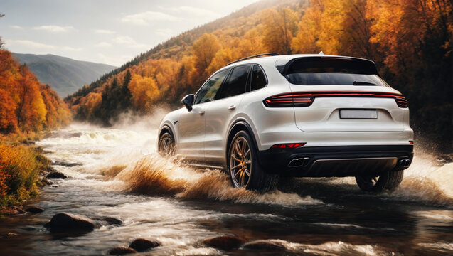 Porsche Cayenne , passing through a river. splashes