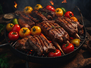 Delicious Grilled Steak with Roasted Tomatoes and Herbs. front view grilled barbeque with melted barbeque sauce and cut vegetables, blur background