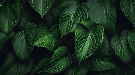 Green leaf texture on dark background. Close-up detail of indoor houseplant. Beauty house plant. Indoor plants. Green leaf for home decoration. Wallpaper for spa or mental health and mind therapy.