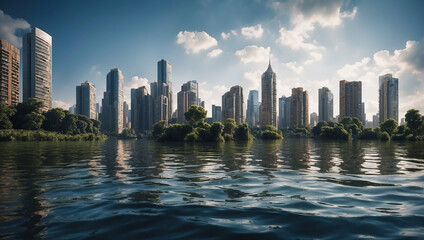 Fototapeta premium Coastal city experiencing flooding from rising sea levels with buildings partially submerged. water flooded a large street. disaster
