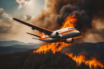A research flight to help fight forest fires. Fighting forest fires using aviation. dumping water on a forest fire. Burning forest