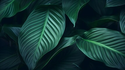 Green leaf texture on dark background. Close-up detail of indoor houseplant. Beauty house plant. Indoor plants. Green leaf for home decoration. Wallpaper for spa or mental health and mind therapy.