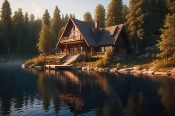 Beautiful wooden house near lake. Wooden log house on the shore of a picturesque lake, river. Loneliness in the forest or solitude from the hustle and bustle