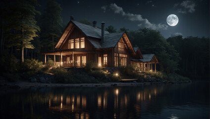 Fototapeta premium Beautiful wooden house night. Wooden log house on the shore of a picturesque lake, river. Loneliness in the forest or solitude from the hustle and bustle