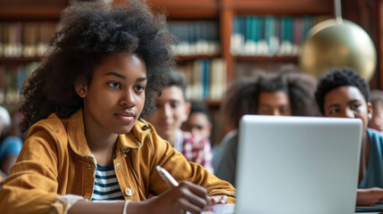 University Library Gifted Black Girl uses Laptop - obrazy, fototapety, plakaty