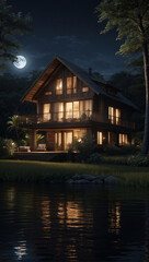 Fototapeta na wymiar Beautiful wooden house night. Wooden log house on the shore of a picturesque lake, river. Loneliness in the forest or solitude from the hustle and bustle