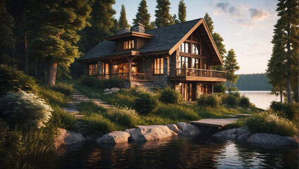 Beautiful wooden house near lake. Wooden log house on the shore of a picturesque lake, river. Loneliness in the forest or solitude from the hustle and bustle