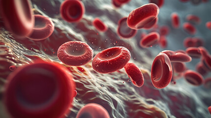 Close-up of blood cells in bloodstream. - obrazy, fototapety, plakaty