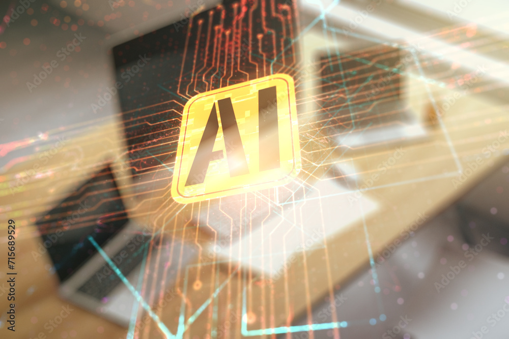 Aufkleber Double exposure of creative artificial Intelligence icon and modern desktop with laptop on background. Neural networks and machine learning concept